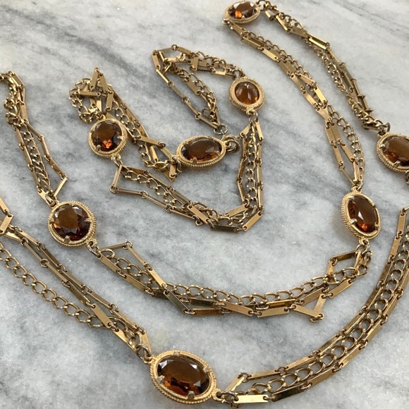 70s 2pc Necklace Set Topaz Colored Faceted Glass - Picture 6 of 6